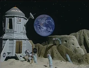 The worm astronauts on the moon's surface.