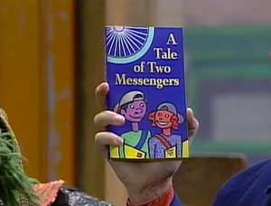 A delivery person presents their copy of A Tale of Two Messengers.