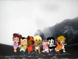 The Drawn Together Babies run from a train stock footage clip ala the Muppet Babies