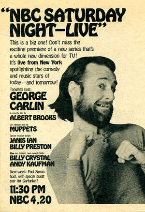 Carlin in an ad for the premiere episode of , featuring the Muppets.
