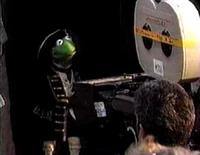 Filming a scene where the performer is hidden in black velvet for Muppet Treasure Island