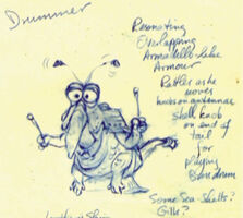 Balsam the Minstrel, notepaper sketch in blue pencil with character notes
