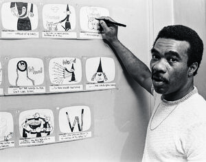 Collins, with the storyboard for "Wanda the Witch"