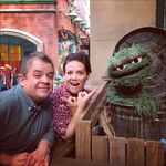 Meredith Salenger and Patton Oswalt with Oscr the Grouch