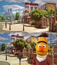 A CGI city is seen next to the Bike Shop in Season 45, showing a playground and a bridge among the cityscape.
