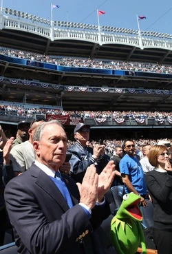 Kermit attends a baseball game with NYC mayor Michael Bloomberg after being appointed New York City's family ambassador in 2012