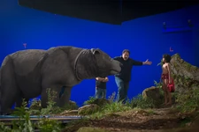 Jon Favreau directs Neel Sethi with a Baloo stand-in