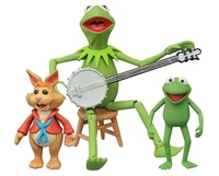 Kermit the Frog, Robin the Frog and Bean Bunny, with banjo, stool, guitar, director's chair, & log