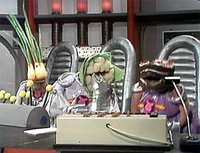 The heads of Link Hogthrob, Dr. Julius Strangepork, and First Mate Piggy are turned into various food items by snacko waves in the Pigs in Space segment of The Muppet Show episode 305.