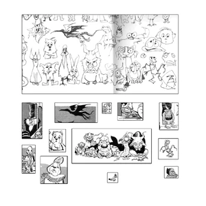 Comparison of a page from Jim Henson's 1960 sketchbook (upper) with characters from Walt Kelly's The Pogo Stepmother Goose (lower