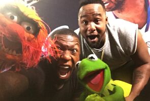 Nate Robinson (left) with Glen Davis (AKA "Big Baby"), Animal and Kermit, LA Clippers game on March 15, 2015