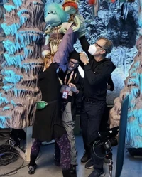 Frank Meschkuleit with Boober perched on Icy Joe's shoulder