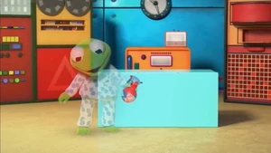 Baby Kermit starts to turn invisible with Bunsen's "Invisi-Spray" on Muppet Babies.