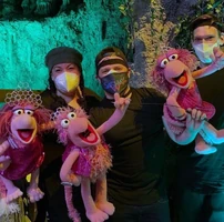 Aymee Garcia, Andy Hayward, and Ben Durocher with Wembley's back-up singers