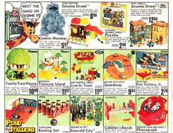 1975 Toys R Us flier featuring Sesame Street toys, including the Push-Button Sesame Street playset