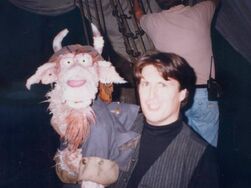 Bill Barretta with Clueless Morgan on the set of Muppet Treasure Island in 1995