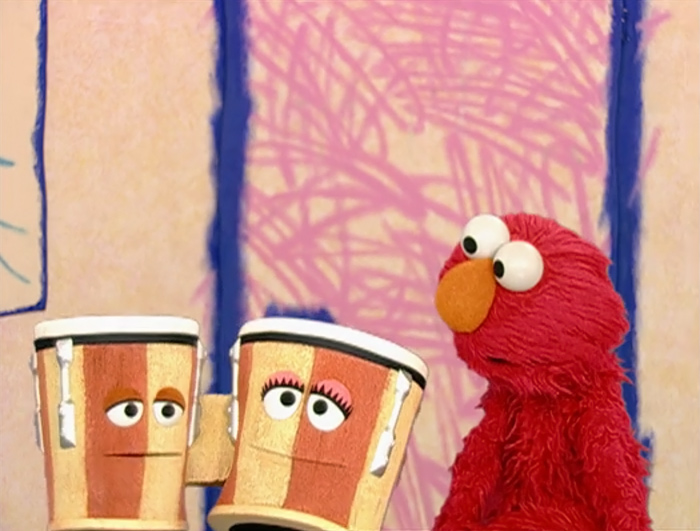 A set of Bongos, who talk with beatnik accents, appears in the Elmo's World...