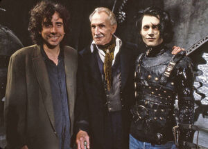 Tim Burton, The Muppet Show guest Vincent Price (in his final feature film role), and Johnny Depp on the set of Edward Scissorhands.