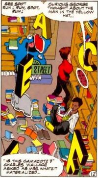 Impulse #9 (1995) art by Humberto Ramos features the children's section of a book store decorated with Sesame Street bookends.