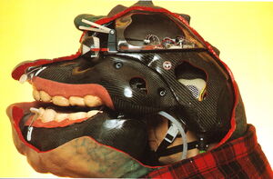 A cutaway showing the animatronics used to move the faces of the characters -- in this case, Earl Sinclair.