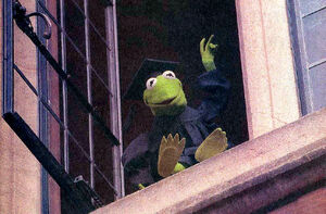  Kermit peers out the window at the Oxford Union.