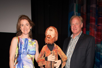 John (right) and Cheryl Henson (left) with a puppet caricature of their father at the Museum of the Moving Image in May 2013.