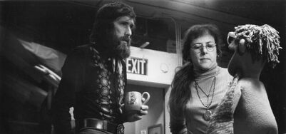 Caroly Wilcox consults Jim Henson on the assembly of the Bad Barney puppet.