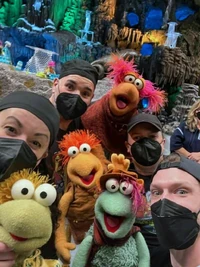 Doppelgangers of Red, Gobo, Boober, and Wembley with their puppeteers (including Aymee Garcia, Dan Garza, and Ben Durocher).