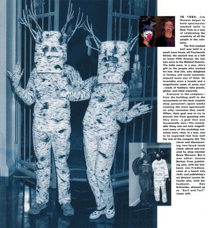 Joanne Barkan and Jon Friedman as beech trees, with Lauren Attinello and Dan Chneider as "Surf and Turf" in lower insert, and Bruce Morozco with a two-faced mask in upper insert.