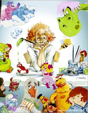 Promotional art by Forster for a 2015 expo, including 1, Rue Sésame characters.