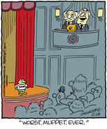 Heathcliff20240523.gif (96 KB) May 23, 2024, shows Statler and Waldorf heckling Jimmy the Frog in the Muppet Theater Auditorium (with a reference to The Simpsons).