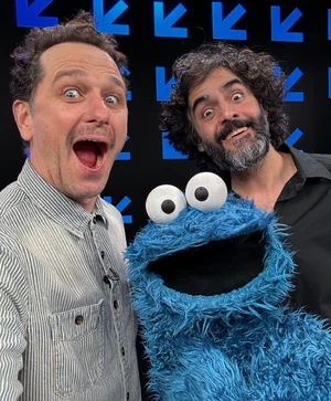 Rhys, left, with Anvari and Cookie Monster