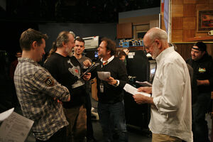 Matt Vogel, Tyler Bunch, Paul McGinnis, Joey Mazzarino, Frank Oz, and John Kennedy on Mad Men Sesame Street Set