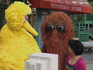 Big Bird and Snuffy explore the Fix-It Shop's new computer.
