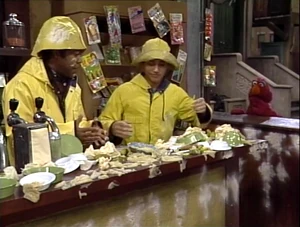  gets a job working at , and learns an important lesson in serving .