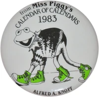 Pin issued by the publisher to promote the calendar.