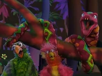 The puppets for Nick, Alphonso D'Abruzzo, and Stevenson the Parrot seen during "It's a Jungle Out There."