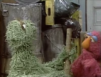 Oscar the Grouch uses his Grouch pogo stick in Sesame Street Episode 1911.