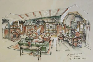 Design sketch of the interior of Kermit's office by The Muppets production designer Steve Saklad.