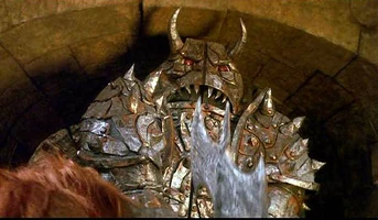 Humongous is a mechanized variation of the totem pole trope, operated by many Goblins.