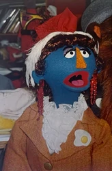 Detail of the Mother Chicken puppet in the Muppet Workshop, with costume by Stephen Rotondaro.