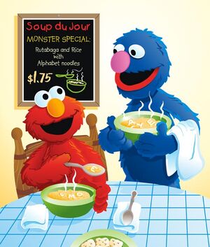 Waiter Grover serves Elmo some alphabet soup in an illustration by .