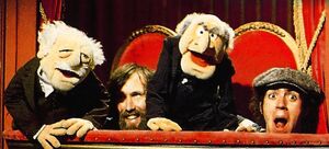 Jim Henson and Richard Hunt with Waldorf and Statler on the set of The Muppet Show.
