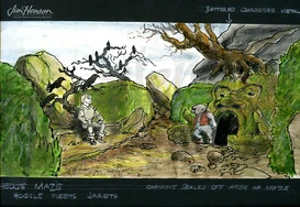 LAB 4506 HoggleHedgeMaze.jpg (468 KB) Production art by Elliot Scott showing Hoggle meeting Jareth in the hedge maze.