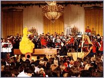 Big Bird performs at the White House Christmas Party in the East Room, 1978