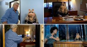Miss Piggy complains to Jay Leno for not inviting her on The Tonight Show and Leno makes up by having her sit on his office desk. At the end of the show, Miss Piggy does not leave until she guest host the show.