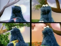 Cookie Monster sings with himself during all four seasons of the year in "Eating Cookie." (First: Episode 3467)