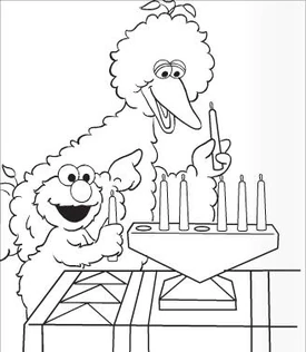 Big Bird and Elmo with a Kinara in the Sesame Street coloring book Celebrate!