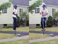A pogo stick is a recurring element in Time Piece. The man used one to cross the street and two young boys are shown bouncing on one in the suburbs.