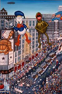 Painting of the Macy's Parade by Kathy Jakobsen, featuring balloons of Garfield, Donald Duck, Kermit the Frog, and Superman, 1988